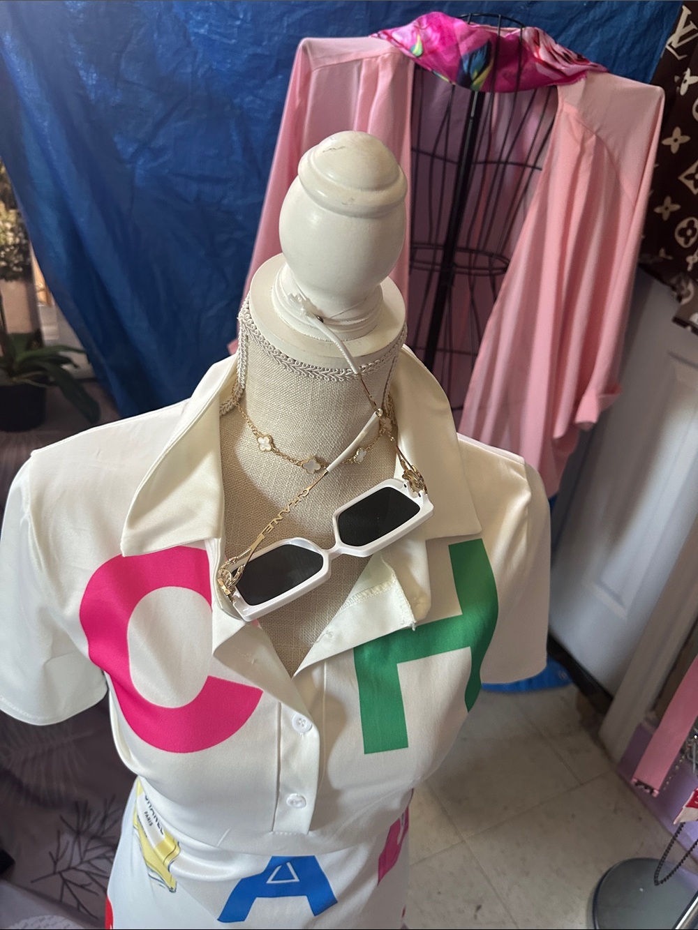 Girls' Short-Sleeve Graphic Polo Top in White with Pink & Green Accents
